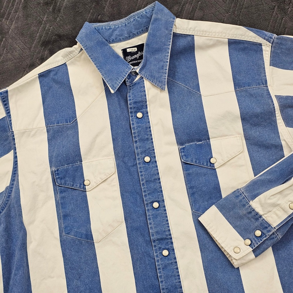 Wrangler Brushpopper Shirt Mens XXL Blue White Striped Western Cowboy Rodeo